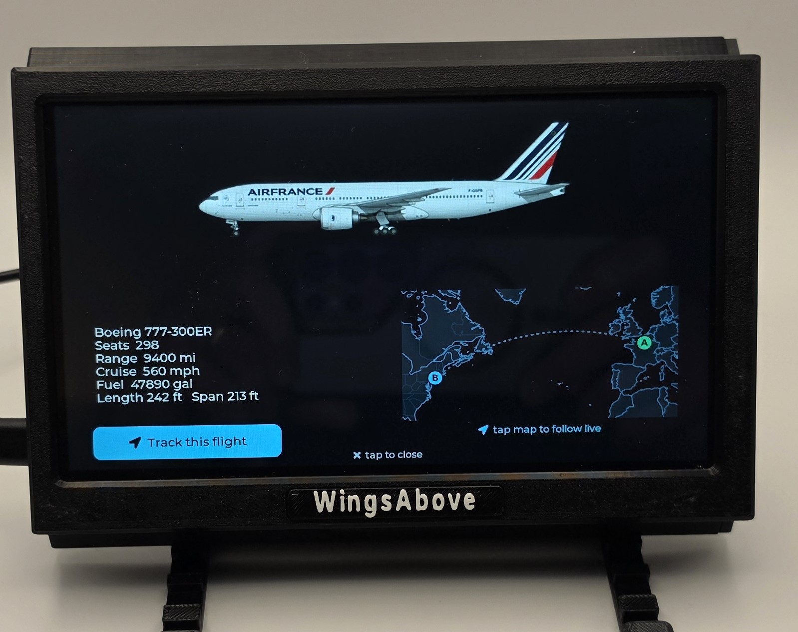 Details overlay: aircraft spec sheet and a route map with A and B airports