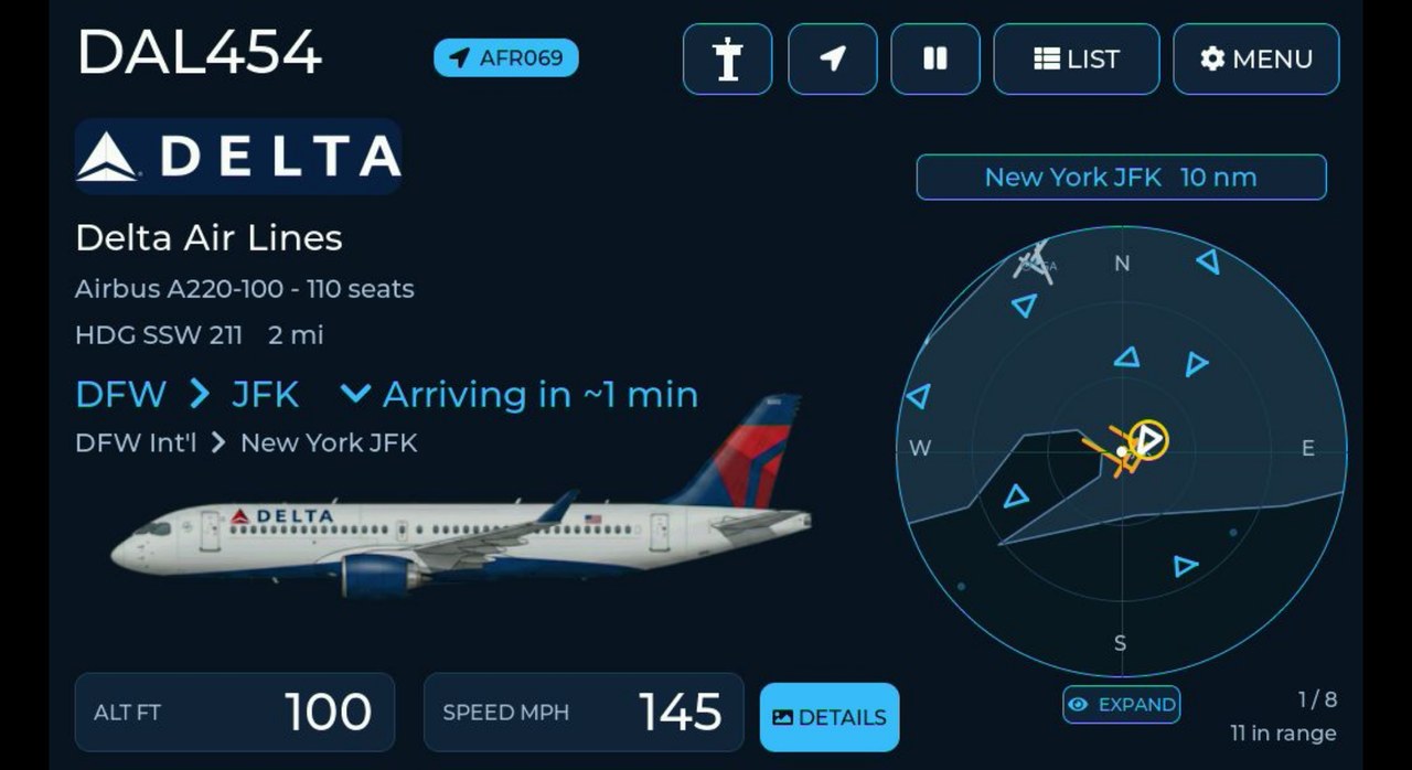 A live flight on the WingsAbove screen: Delta Air Lines Airbus A220 arriving into New York JFK, in Delta's paint, beside a radar of nearby aircraft
