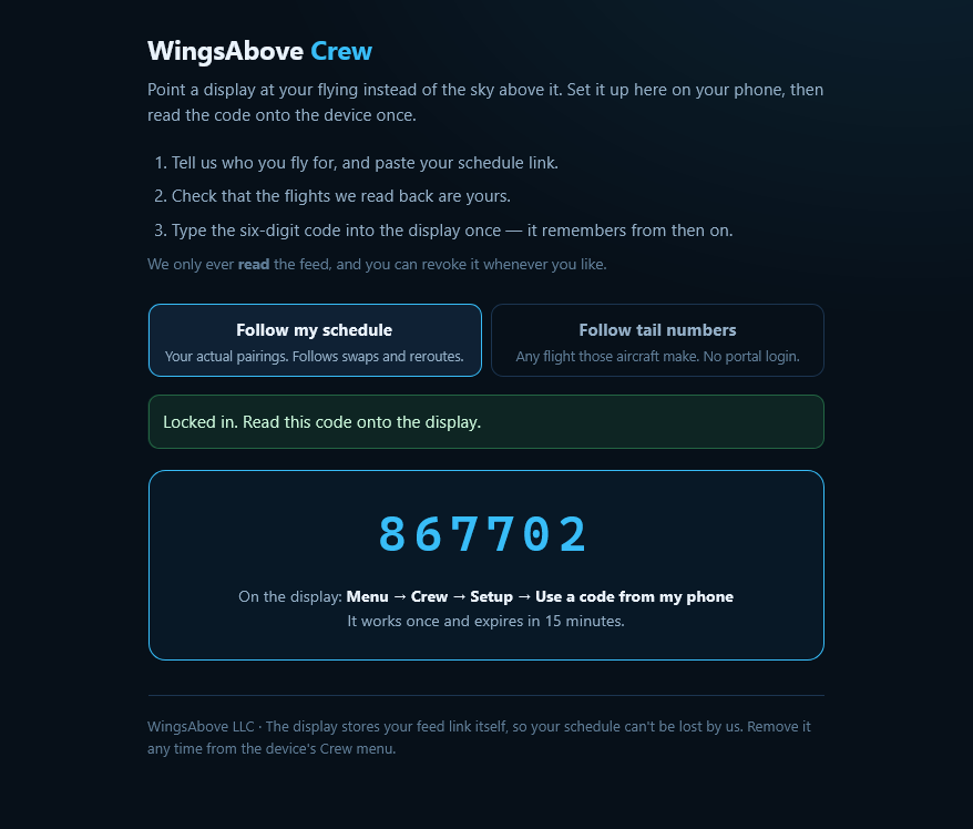 WingsAbove Crew phone setup page displaying an illustrative six-digit pairing code