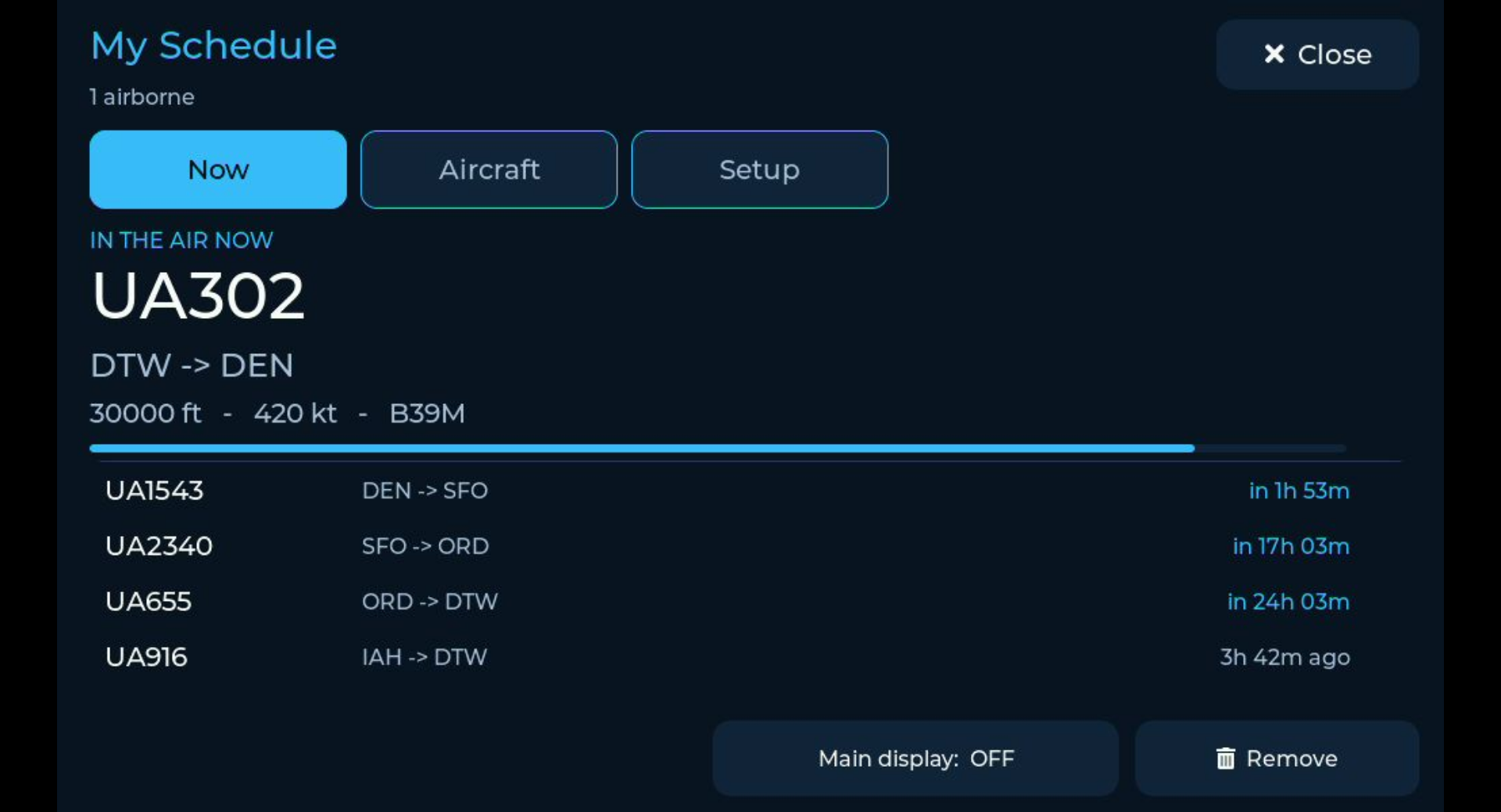 Crew Mode schedule board showing current and upcoming flight legs with time until departure