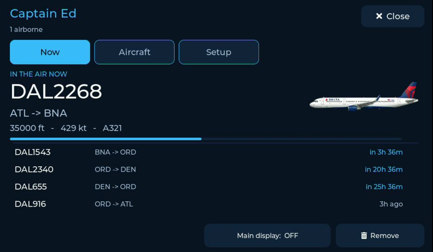The Crew board's Now tab: DAL2268 in the air from Atlanta to Nashville at 35,000 feet with a progress bar, and the next flights with their countdowns.
