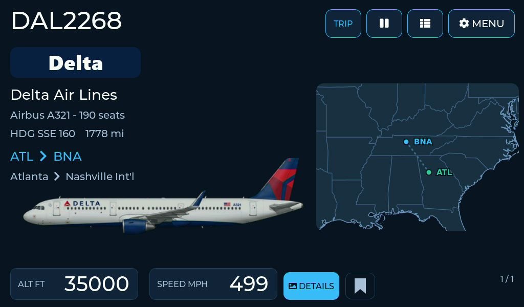 The crew card for DAL2268, a Delta Airbus A321 from Atlanta to Nashville at 35,000 feet and 499 mph, with a map of the route on the right and Trip, pause, list and Menu buttons across the top.