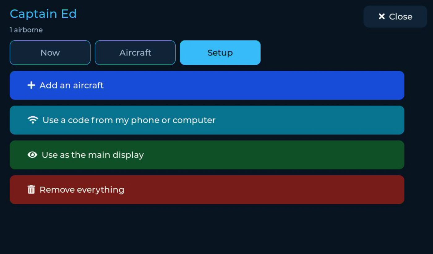 The Crew screen's Setup tab with four buttons: Add an aircraft, Use a code from my phone or computer, Use as the main display, and Remove everything.