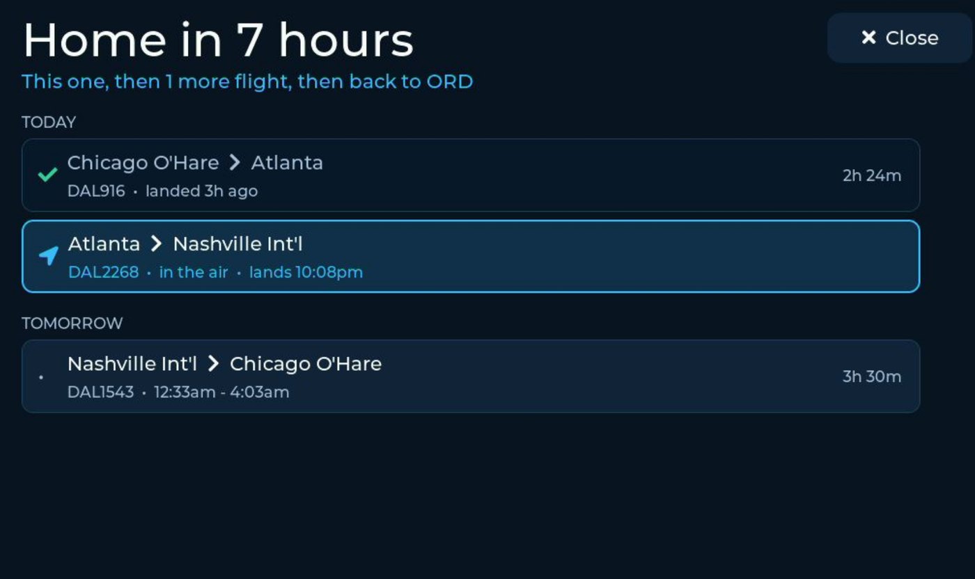 The trip screen reading Home in 7 hours, This one, then 1 more flight, then back to ORD, with today's landed and airborne flights and tomorrow's flight listed.