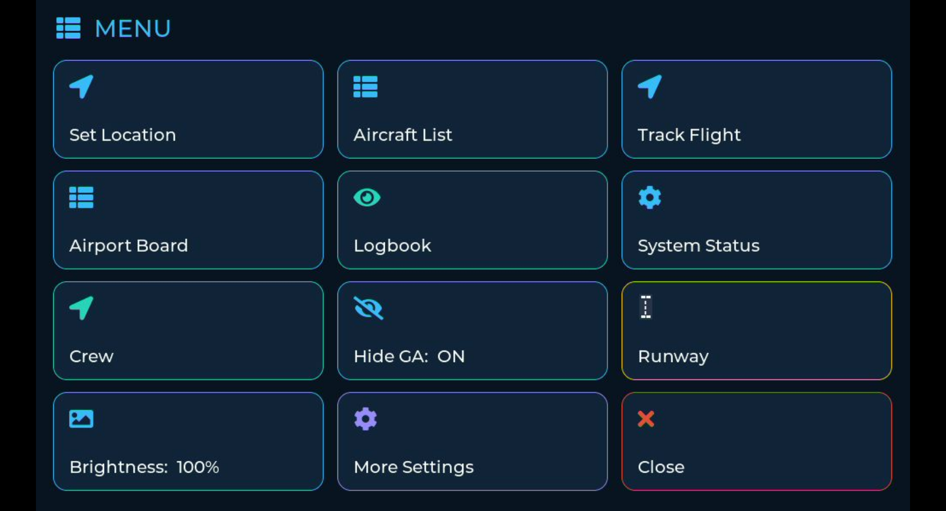 The WingsAbove main menu, a grid of tiles including Set Location, Aircraft List, Track Flight, Airport Board, Logbook, System Status, Crew, Hide GA, Runway and Brightness.
