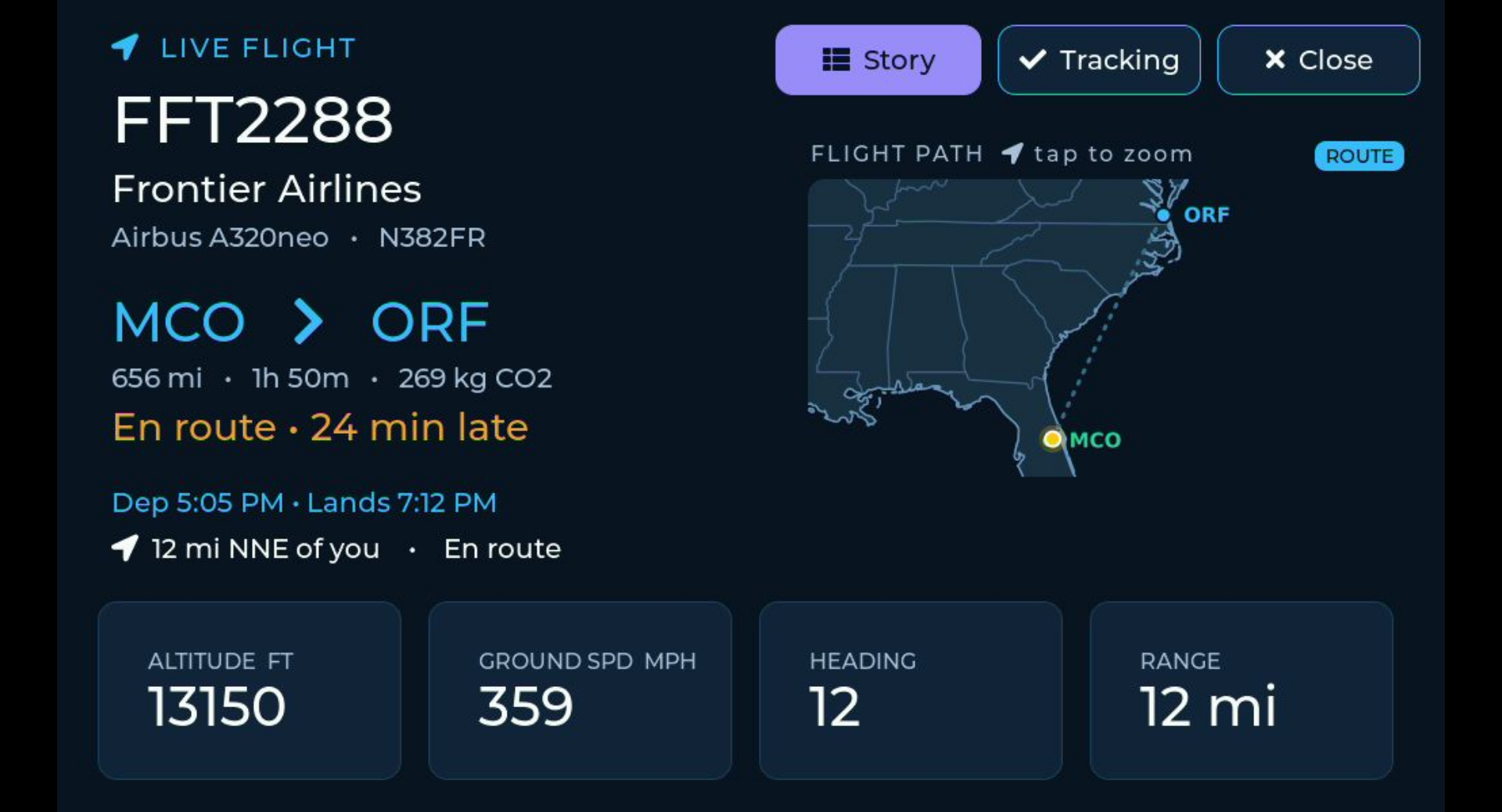 The live follow view for FFT2288, showing the flight path from Orlando to Norfolk, departure and landing times, and altitude, speed, heading and range tiles.