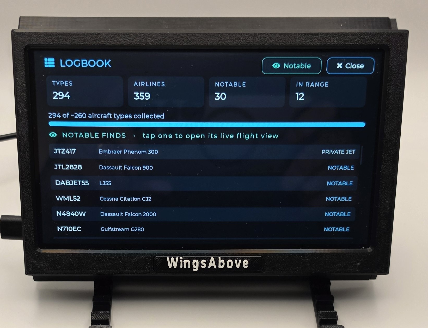Logbook: counts of aircraft types and airlines collected, with a list of notable finds