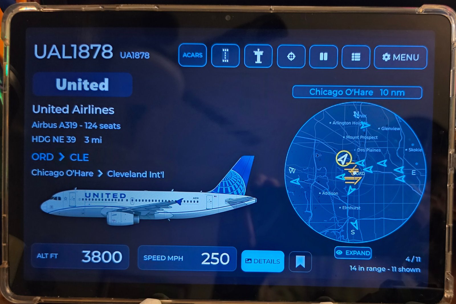 WingsAbove Cloud on a tablet: UAL1878, a United A319 from Chicago to Cleveland, with the radar over O'Hare