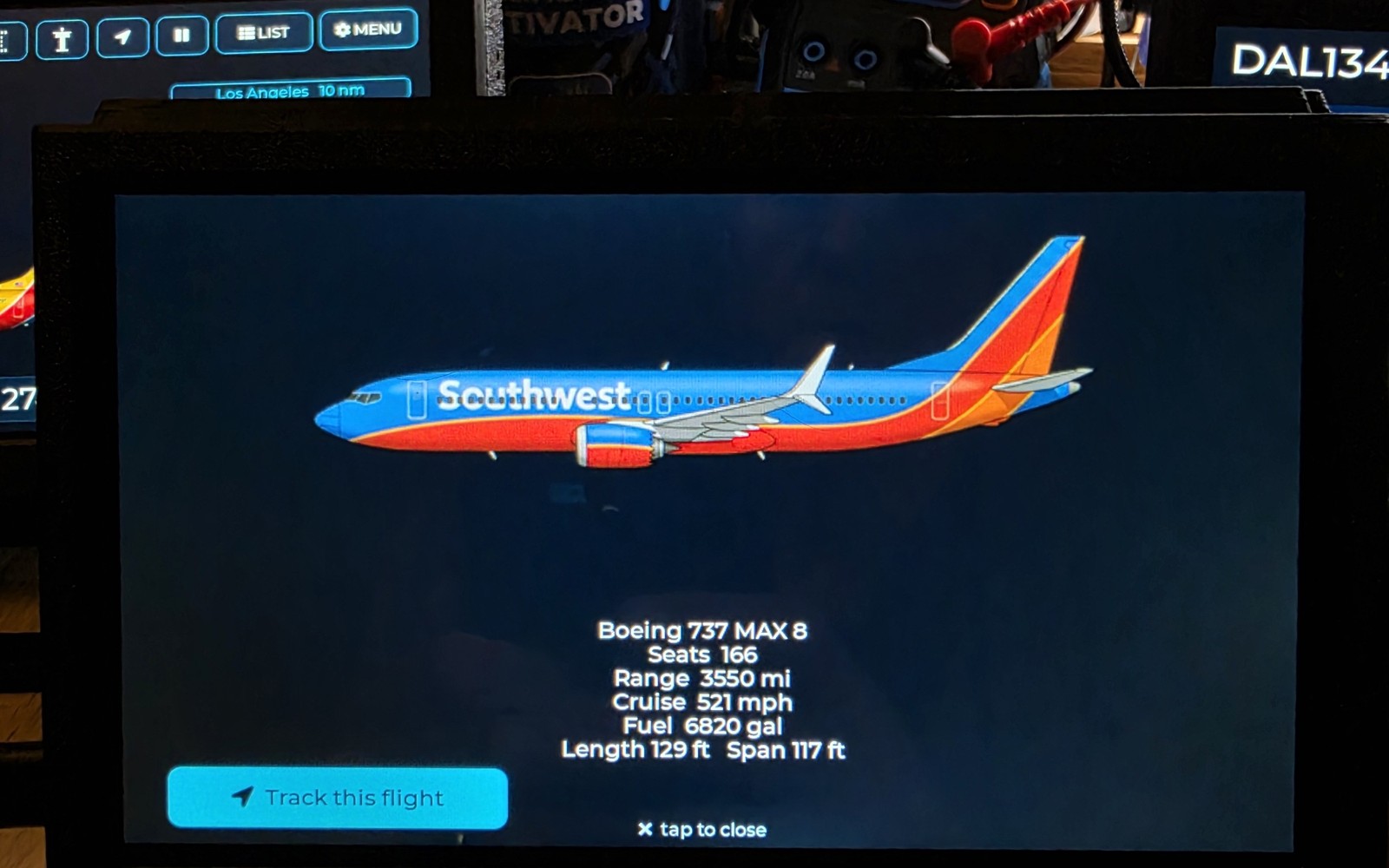 WingsAbove aircraft details screen for a Southwest Boeing 737 MAX 8 showing seats, range, cruise, fuel and dimensions