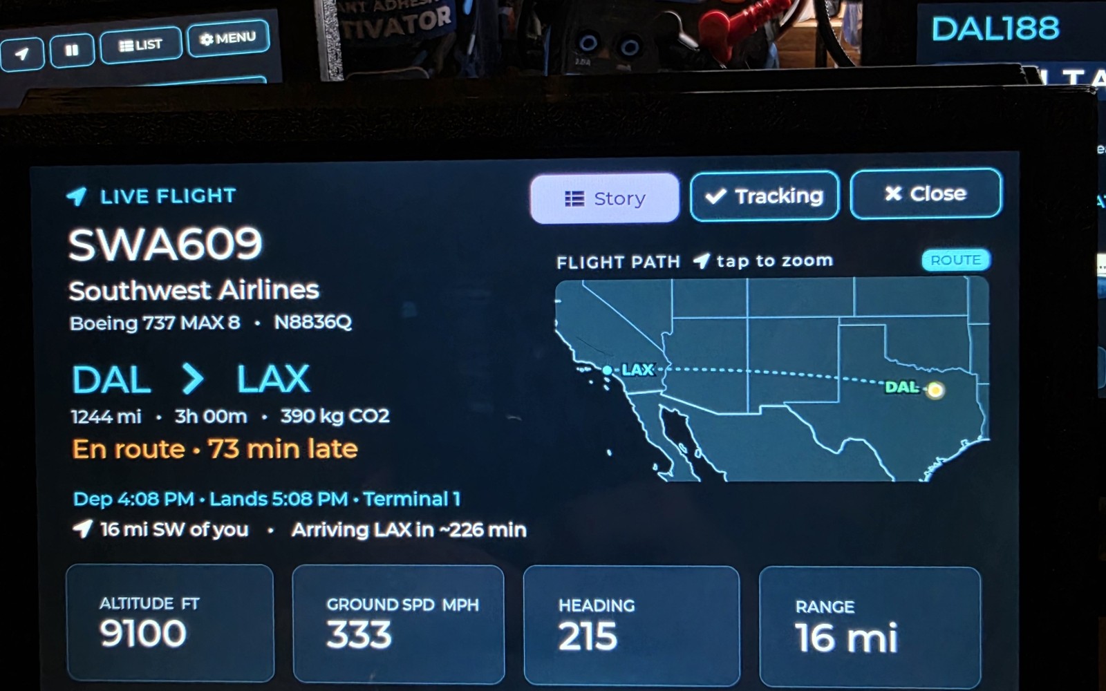WingsAbove live tracking view for Southwest flight SWA609 from Dallas to Los Angeles with route map, terminal, altitude, speed, heading and range